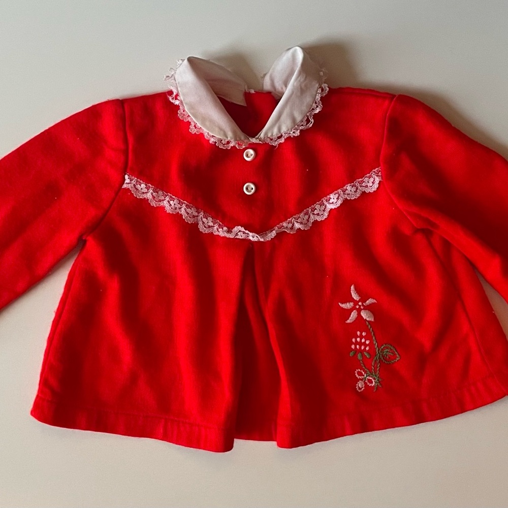 Vintage 60s Red Baby Dress with White Collar and Embroidery